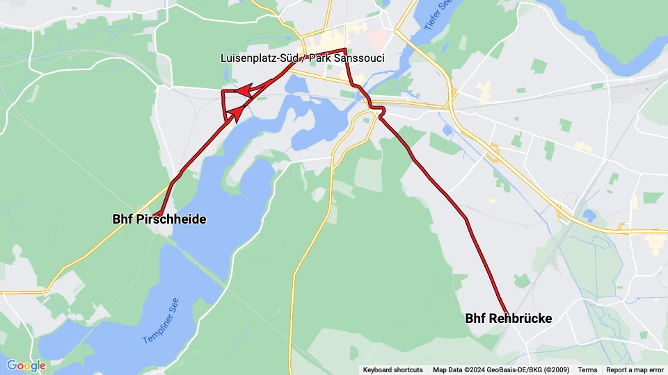Potsdam tram line 91: Bhf Rehbrücke - Bhf Pirschheide route map