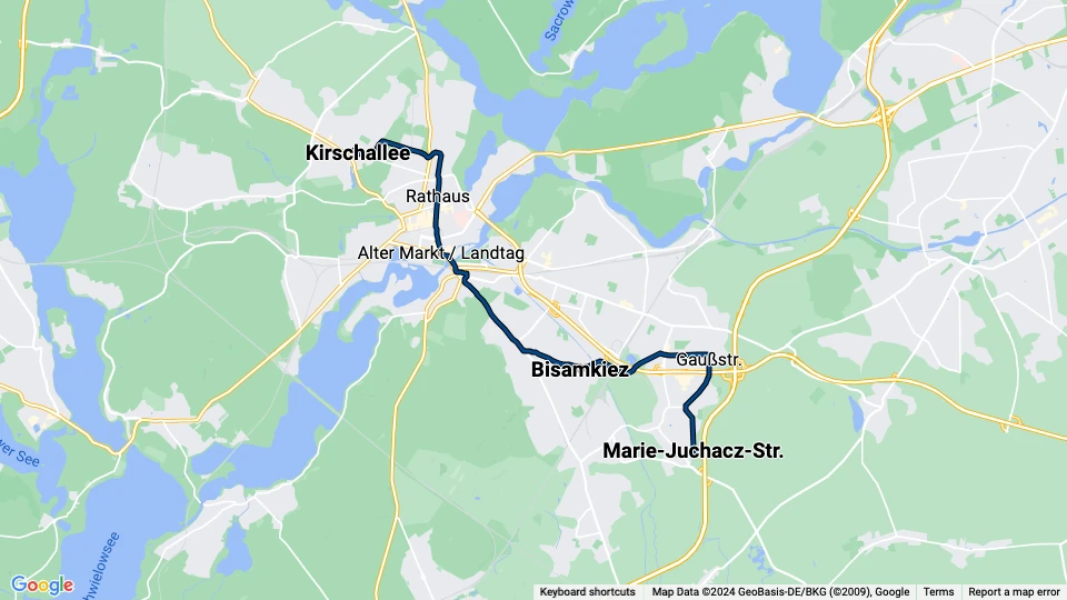 Potsdam tram line 92: Kirschallee - Marie-Juchacz-Str. route map