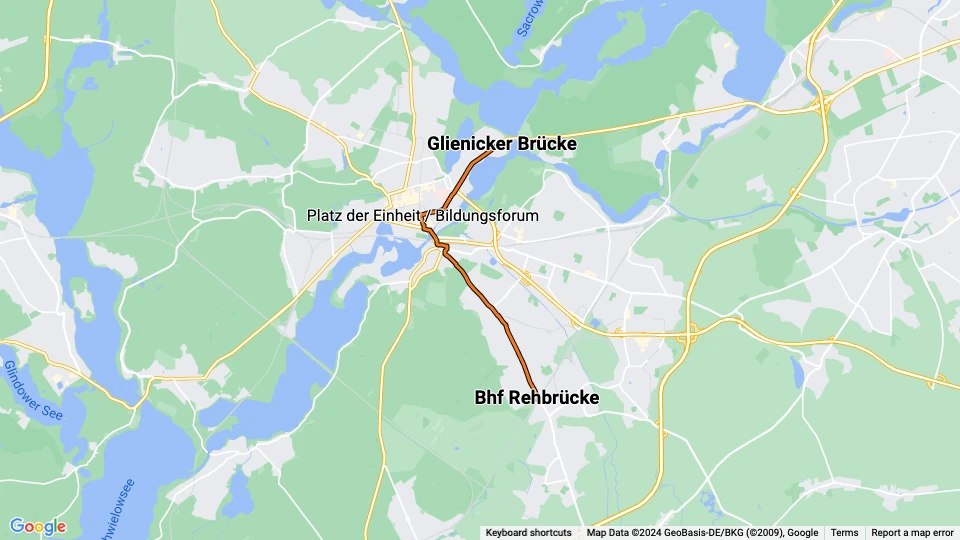 Potsdam tram line 93: Bhf Rehbrücke - Glienicker Brücke route map