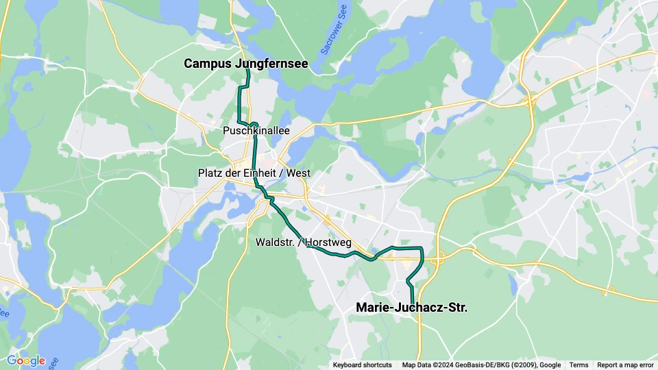 Potsdam tram line 96: Marie-Juchacz-Str. - Campus Jungfernsee route map