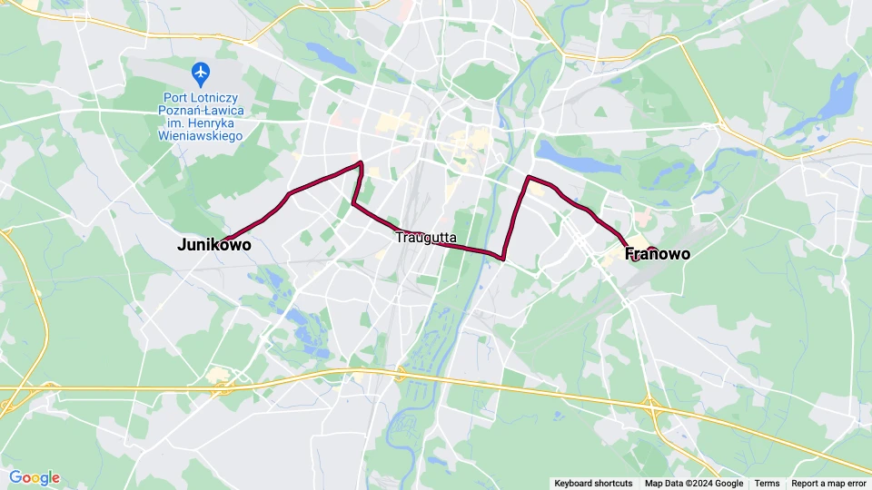 Poznań tram line 1: Franowo - Junikowo route map