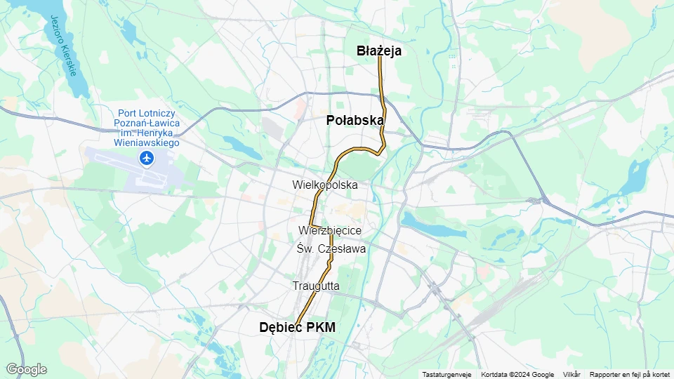 Poznań tram line 10: Dębiec PKM - Błażeja route map