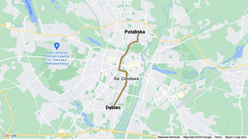 Poznań tram line 10: Dębiec - Połabska route map