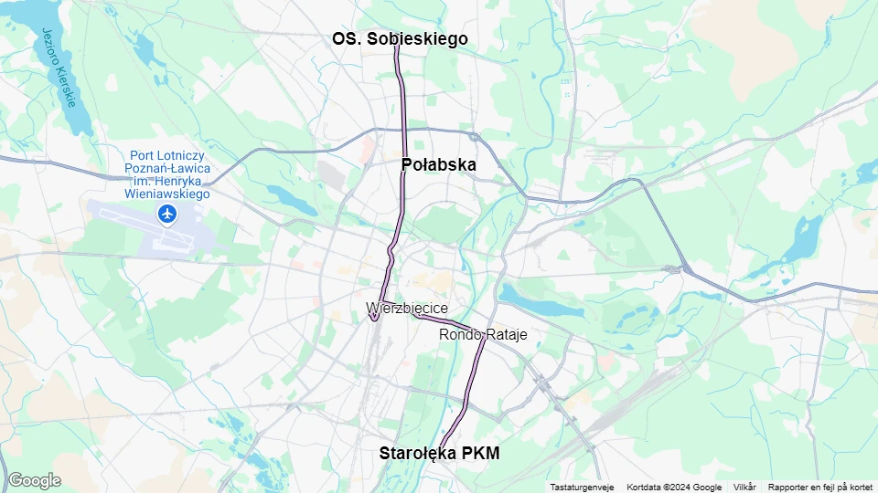 Poznań tram line 12: OS. Sobieskiego - Starołęka PKM route map