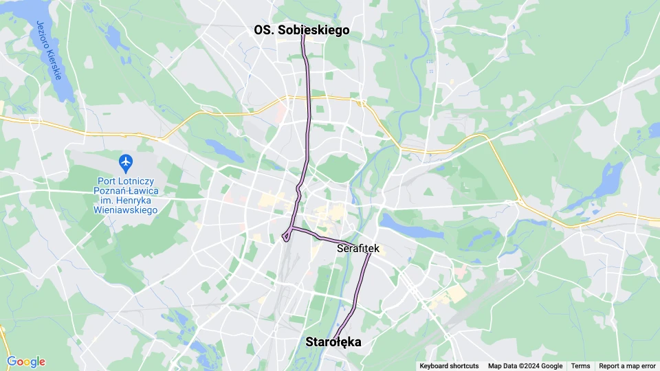 Poznań tram line 12: OS. Sobieskiego - Starołęka route map