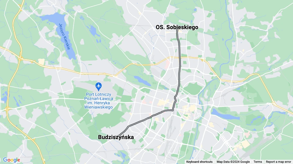 Poznań tram line 15: Budziszyńska - OS. Sobieskiego route map