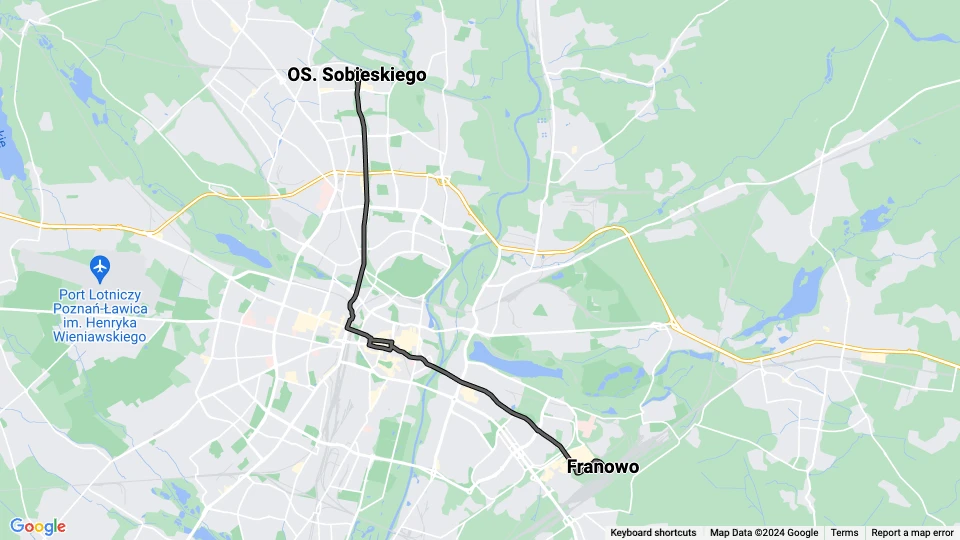 Poznań tram line 16: OS. Sobieskiego - Franowo route map