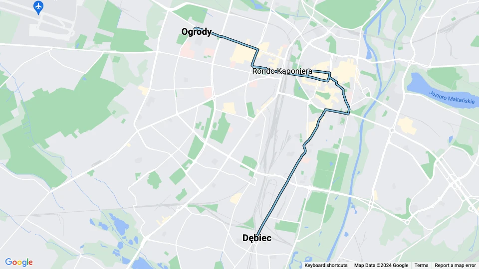 Poznań tram line 2: Dębiec - Ogrody route map