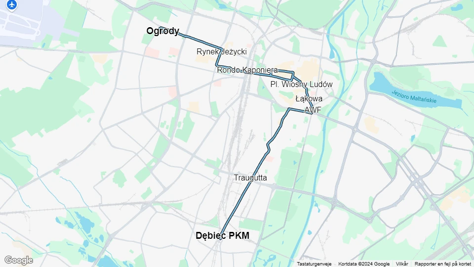 Poznań tram line 2: Dębiec PKM - Ogrody route map