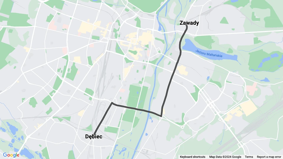 Poznań tram line 27: Dębiec - Zawady route map