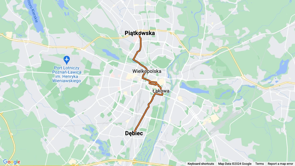 Poznań tram line 9: Dębiec - Piątkowska route map