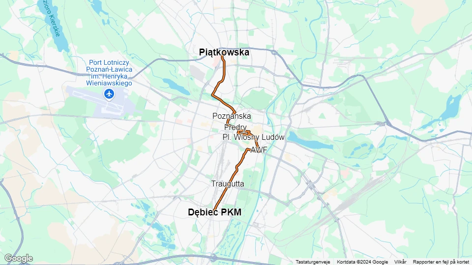 Poznań tram line 9: Dębiec PKM - Piątkowska route map