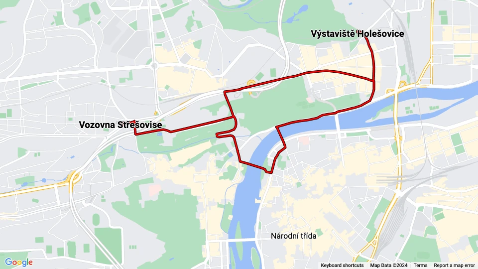 Prague museum line 41: Vozovna Střešovise - Výstaviště Holešovice route map