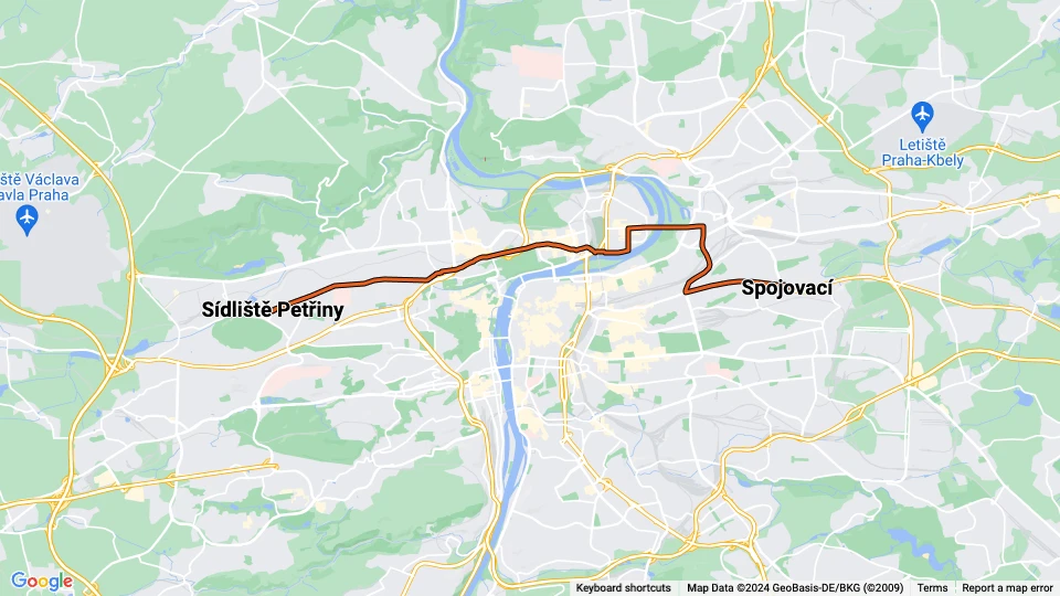 Prague tram line 1: Sídliště Petřiny - Spojovací route map