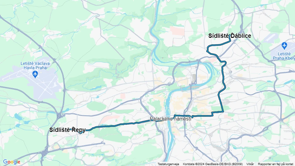 Prague tram line 10: Sídliště Řepy - Sídliště Ďáblice route map