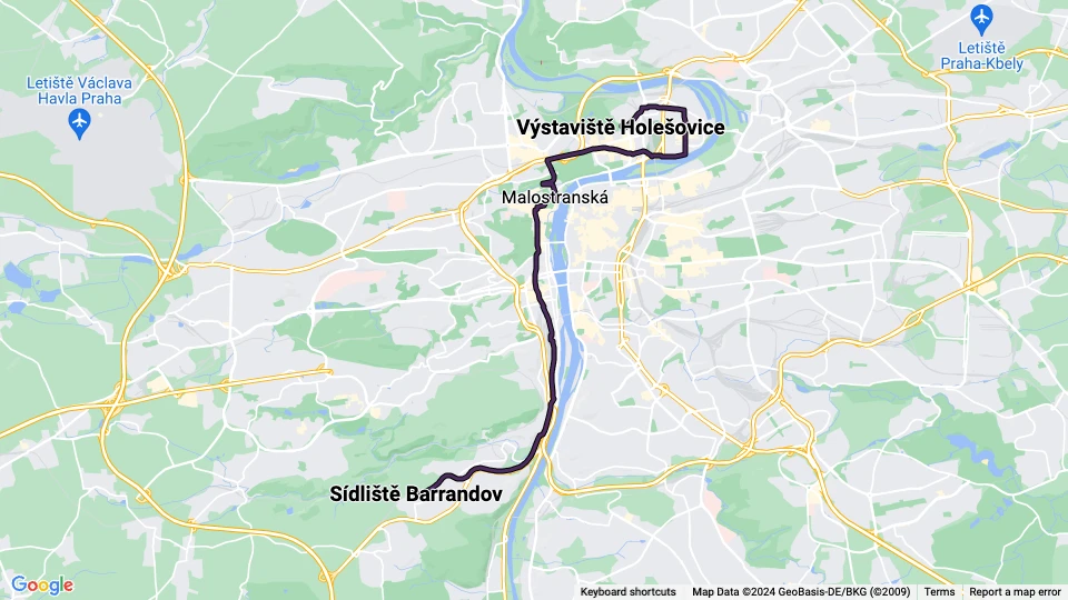Prague tram line 12: Výstaviště Holešovice - Sídliště Barrandov route map