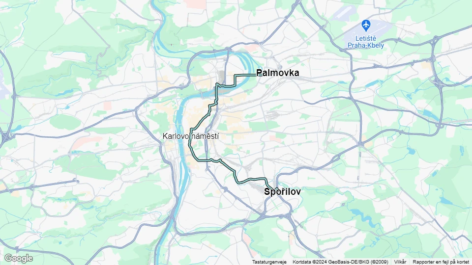 Prague tram line 14: Spořilov - Palmovka route map