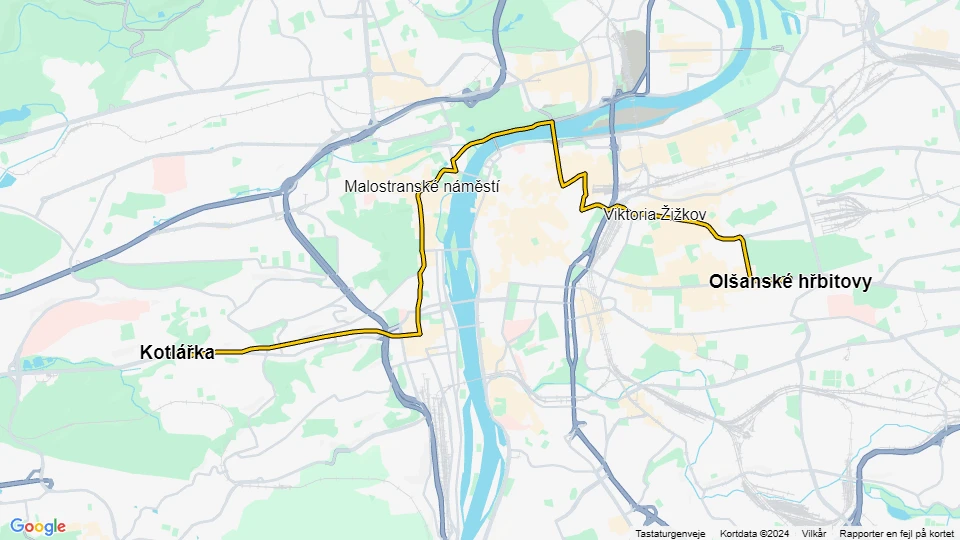 Prague tram line 15: Kotlářka - Olšanské hřbitovy route map