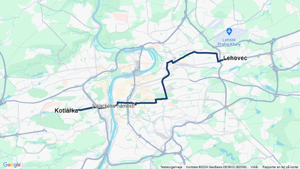 Prague tram line 16: Lehovec - Kotlářka route map