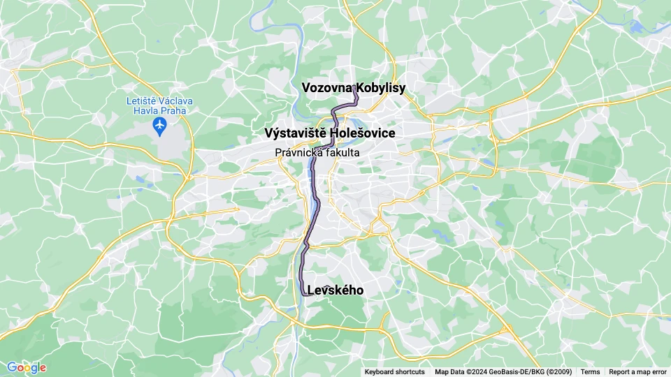 Prague tram line 17: Levského - Vozovna Kobylisy route map
