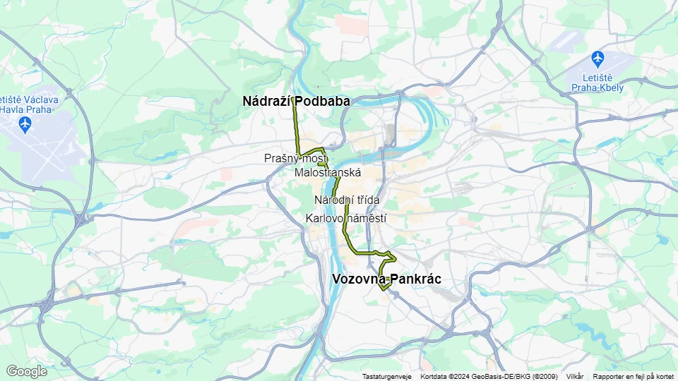 Prague tram line 18: Nádraží Podbaba - Vozovna Pankrác route map