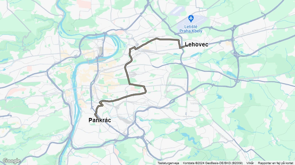 Prague tram line 19: Lehovec - Pankrác route map
