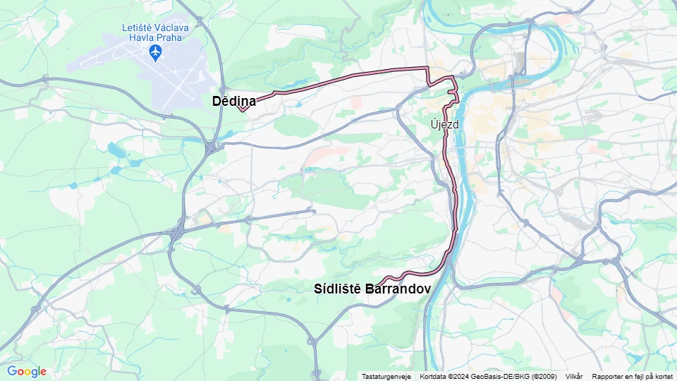 Prague tram line 20: Sídliště Barrandov - Dědina route map