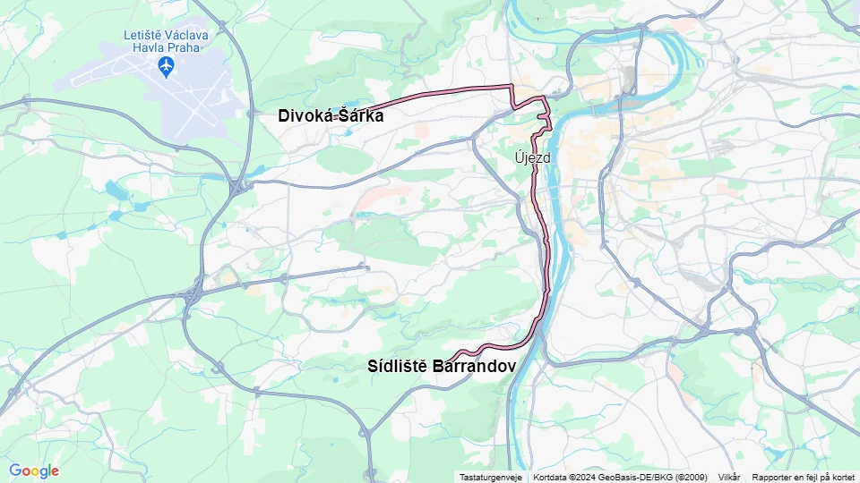 Prague tram line 20: Sídliště Barrandov - Divoká Šárka route map
