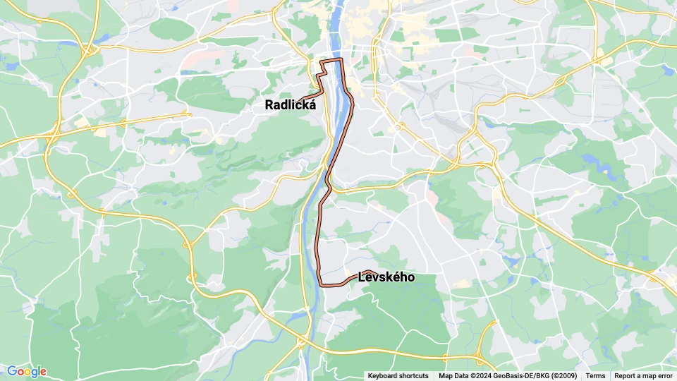 Prague tram line 21: Levského - Radlická route map