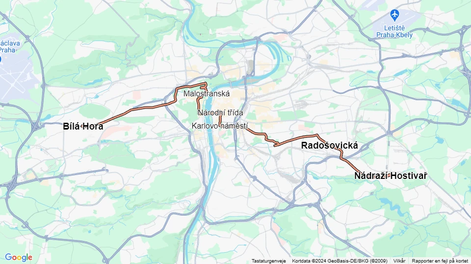 Prague tram line 22: Bílá Hora - Nádraží Hostivař route map
