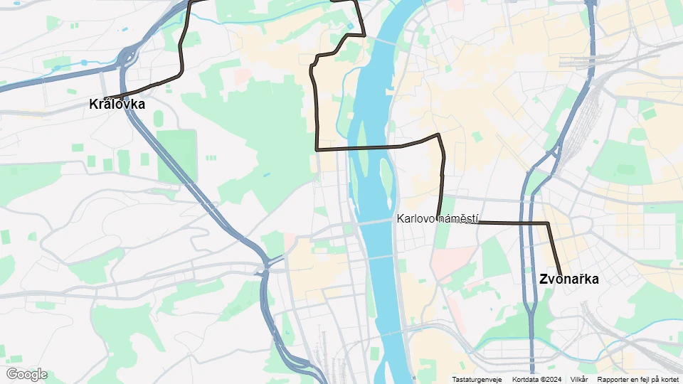 Prague tram line 23: Zvonařka - Královka route map