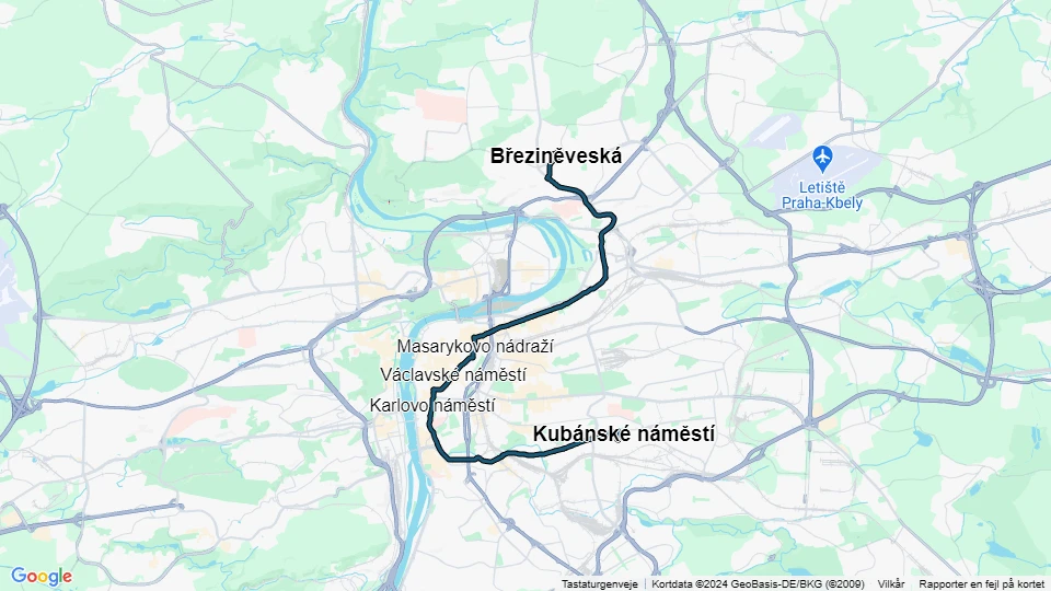Prague tram line 24: Kubánské náměstí - Březiněveská route map