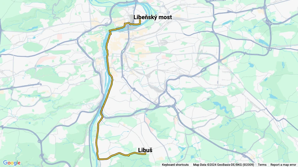 Prague tram line 27: Libus - Libeňský most route map