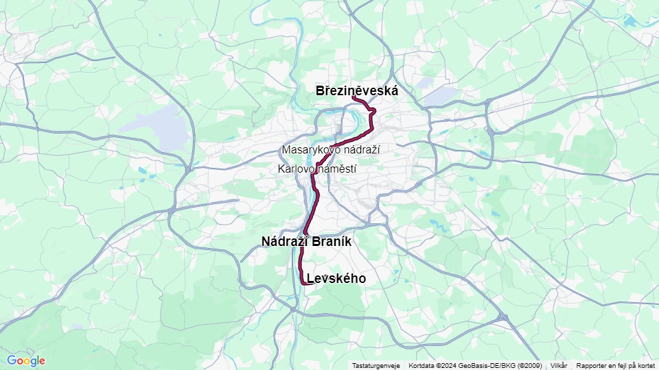 Prague tram line 3: Březiněveská - Levského route map
