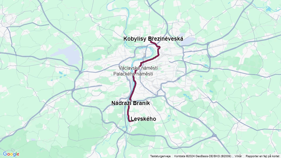 Prague tram line 3: Kobylisy Březiněveská - Levského route map