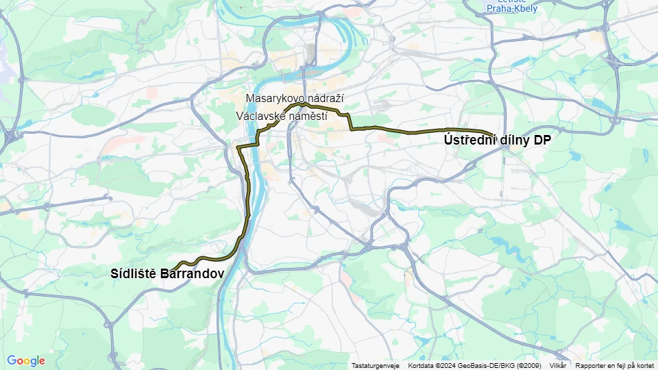 Prague tram line 5: Sídliště Barrandov - Ústřední dílny DP route map