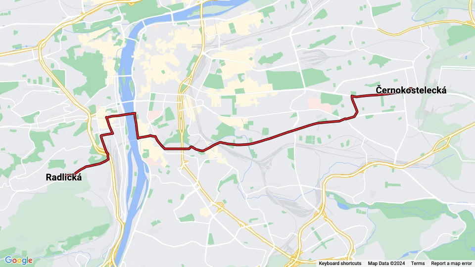 Prague tram line 7: Černokostelecká - Radlická route map