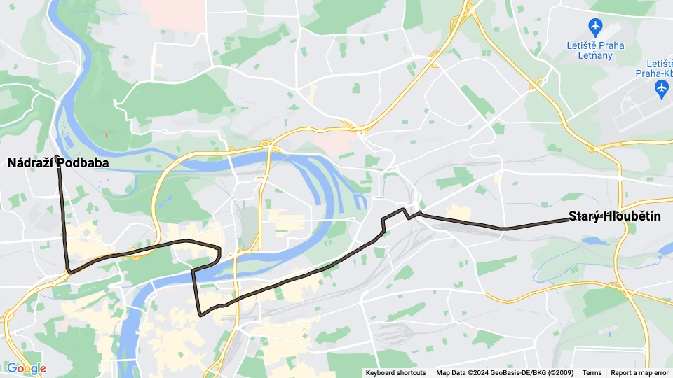 Prague tram line 8: Nádraží Podbaba - Starý Hloubětín route map