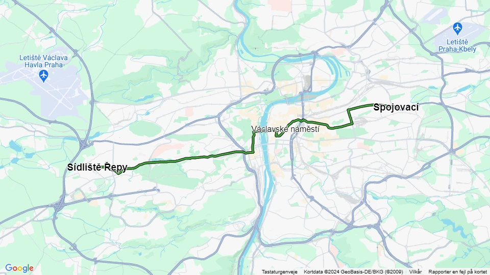 Prague tram line 9: Spojovací - Sídliště Řepy route map