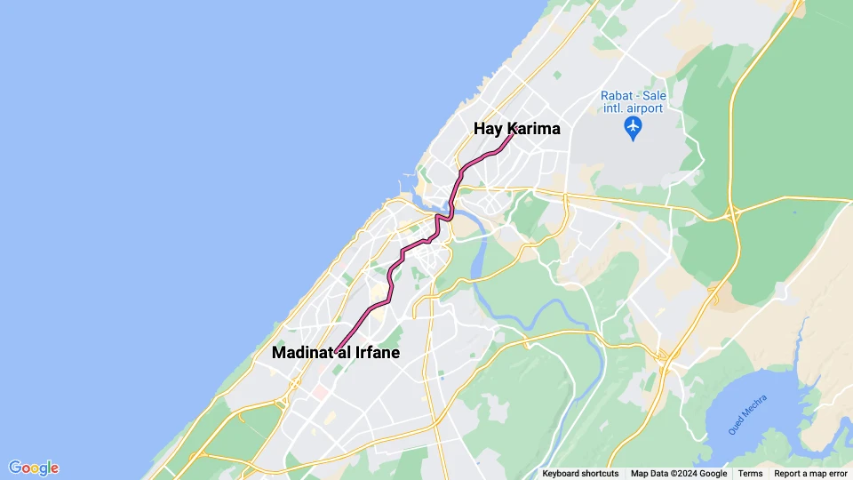 Rabat tram line L1: Hay Karima - Madinat al Irfane route map
