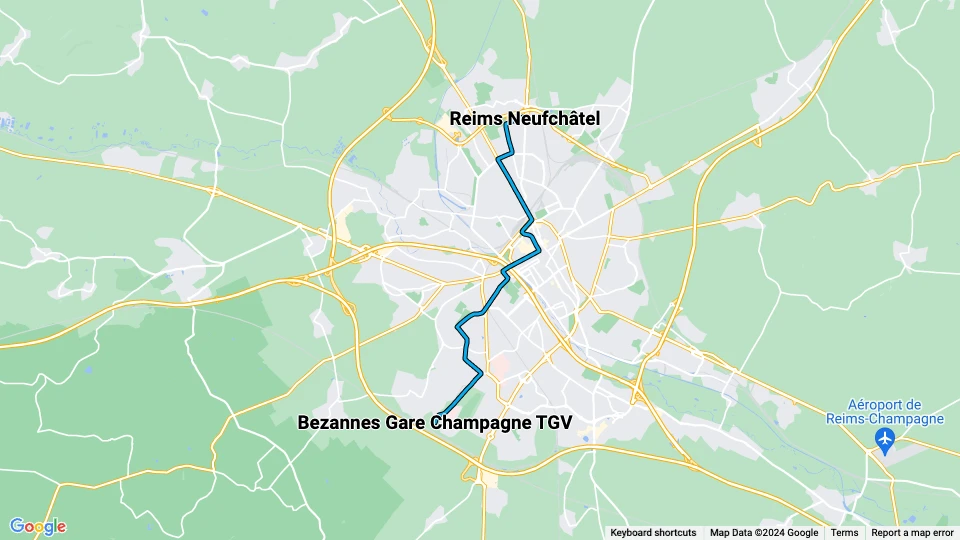 Reims tram line B: Reims Neufchâtel - Bezannes Gare Champagne TGV route map