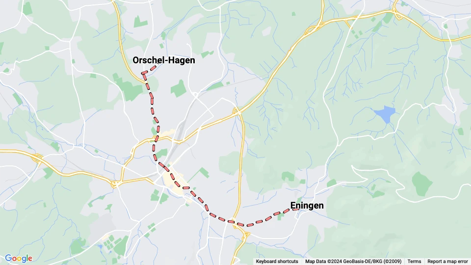 Reutlingen tram line 1: Eningen - Orschel-Hagen route map