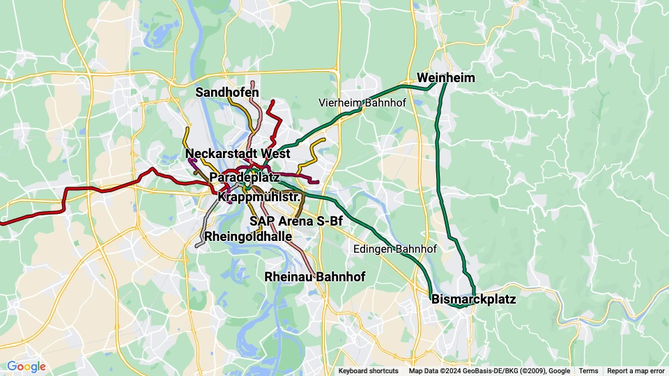 Rhein-Neckar-Verkehr in Mannheim (RNV) route map