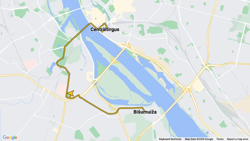 Riga tram line 10: Centrāltirgus - Bišumuiža route map