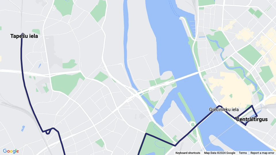 Riga tram line 2: Tapešu iela - Centrāltirgus route map