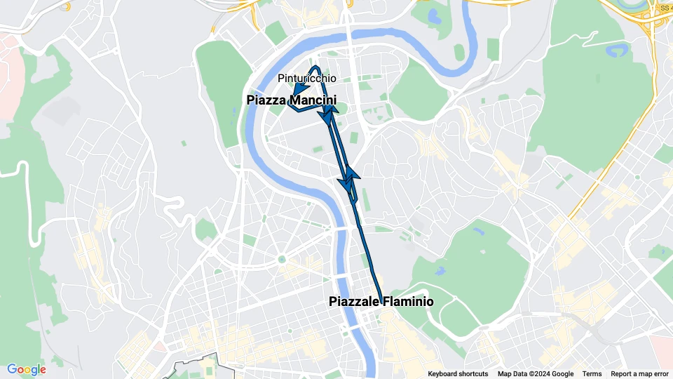 Rome tram line 2: Piazzale Flaminio - Piazza Mancini route map
