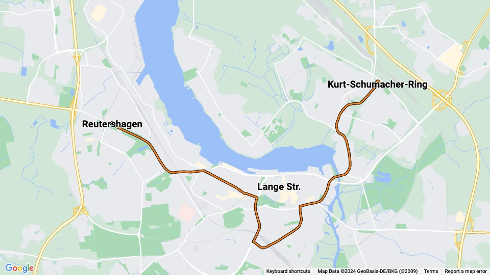 Rostock extra line 2: Reutershagen - Kurt-Schumacher-Ring route map