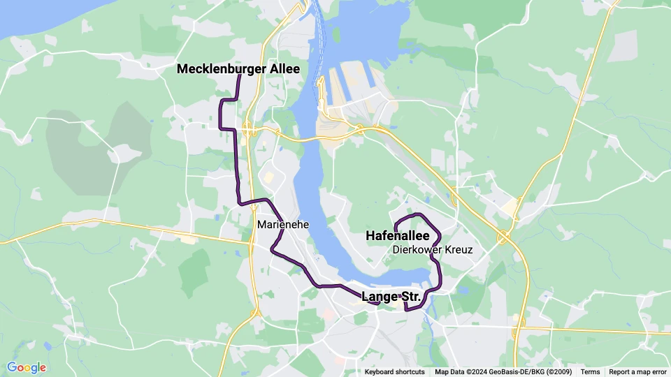 Rostock tram line 1: Hafenallee - Mecklenburger Allee route map