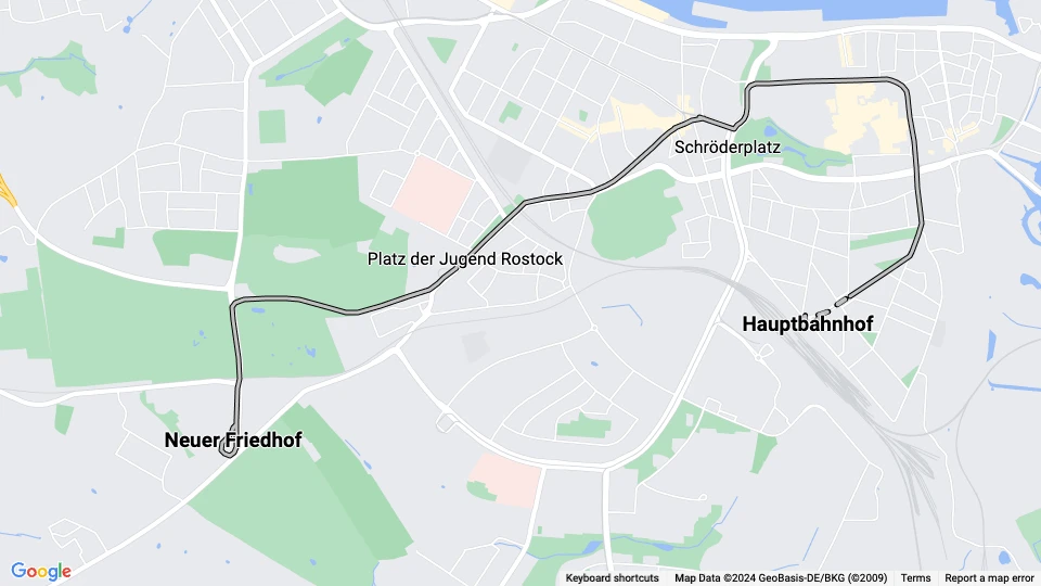 Rostock tram line 11: Neuer Friedhof - Hauptbahnhof route map
