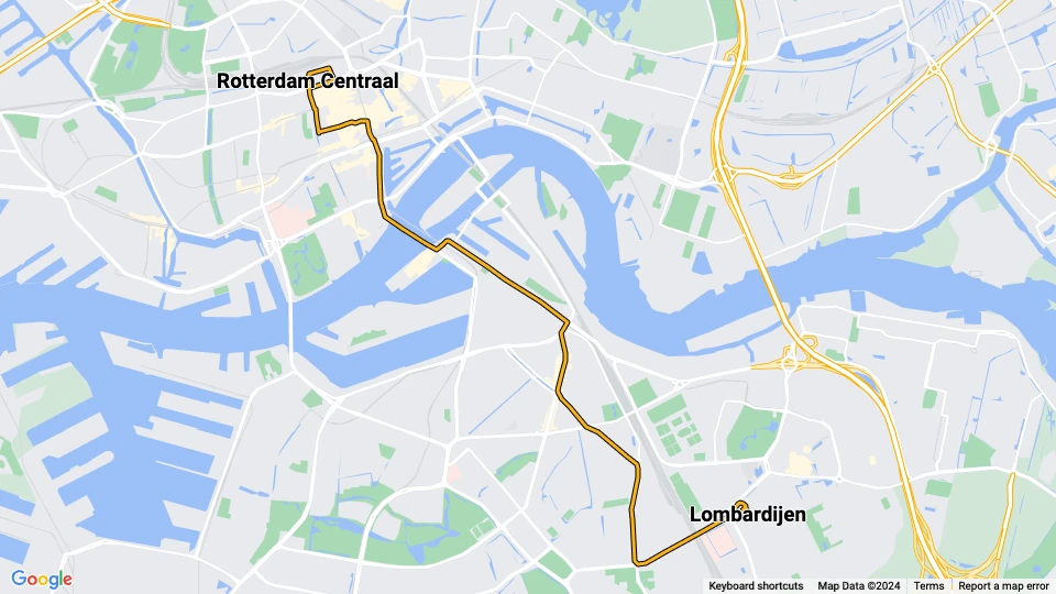 Rotterdam tram line 20: Rotterdam Centraal - Lombardijen route map